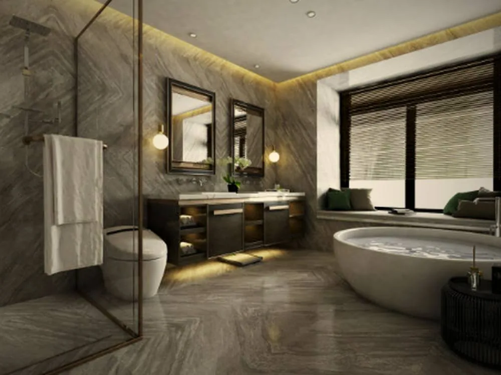 Salle de bain en marbre et bois
